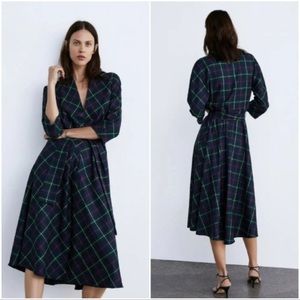 Zara Tartan Plaid Belted Midi Dress, Rare